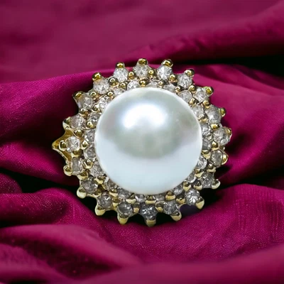 £409.89 • Buy 14k Yellow Gold 1/2 Carat Double Halo Diamond & Pearl Ring Sz 4.5 7mm Pearl 3.2g