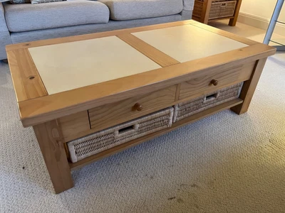 £49 • Buy Wooden & Tiled Coffee Table With 2 Drawers And 2 Wicker Baskets