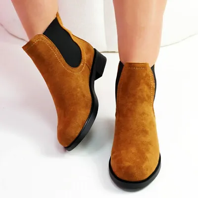 Womens Chelsea Ankle Boots Ladies Slip On Low Heel Comfy Women Boots Shoes Size • £22.99