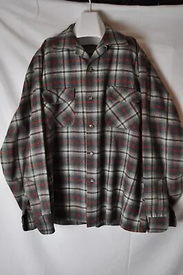 Pendleton Mens Large Wool Flannel Plaid Loop Collar Flap Pocket Grey/Red • $74