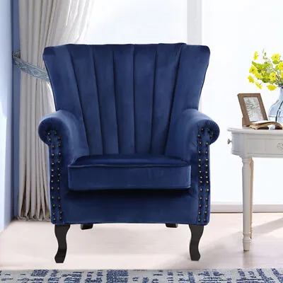 Blue Occasional Velvet Wing Back Queen Anne  Lounge Armchair Sofa Fireside Chair • £189.95