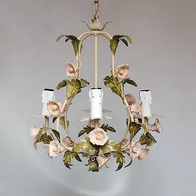 Vintage Italian Tole Porcelain Flowers Roses Chandelier 4 Arms Ceiling Light Vtg • $295