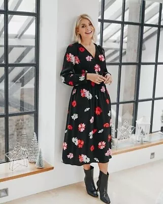 * BNWT M&S Holly Willoughby Black Floral Midi Tea Dress UK 14        (ST313/132) • £22.99