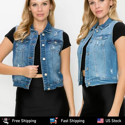 $17.50 • Buy FashionMille Women Miss Button Up Sleeveless Distressed Jean Denim Vest Jacket