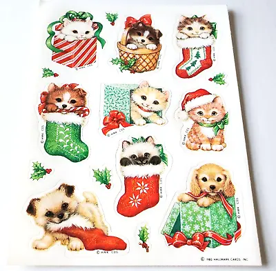 Vintage Sticker Sheet Hallmark 1983 Christmas Cute Kittens Puppies In Stockings • $5.75