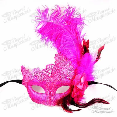 Womens Brocade Lace Ostrich Feather Venetian Masquerade Mask [Hot Pink] • $13.95