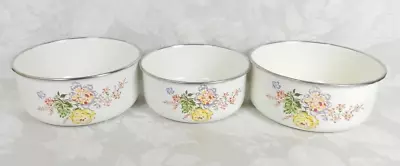 Vintage Kobe Kitchen Enamel Metal Mix Bowls Set Of 3 Rose Flowers + Lids • $17.99