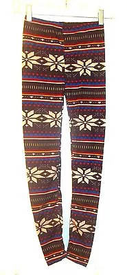 Brown With Ivory Red & Blue Nordic Print Thin Knit Leggings One Size 2XS To PM • $15.20