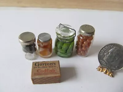 Vintage Lot Glass Canning Jars Pickles Cukes Yams Box Fish  Dollhouse Miniature • $14.90