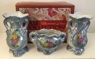  Porcelain 3pc Set Heirloom Victorian Rose Vases Light Blue Mercury Glass Glaze • $44.95