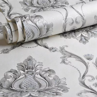 £11 • Buy Silver Damask White Wallpaper Embossed Non-woven Wall Decor Paper