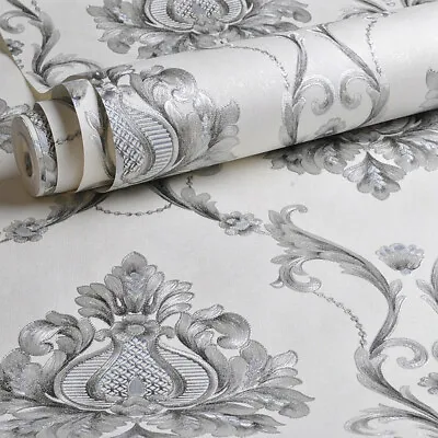 Silver Damask White Wallpaper Embossed Non-woven Wall Decor Paper • £11