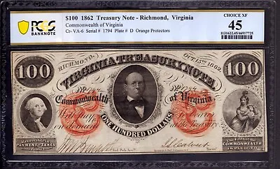 1862 $100 Treasury Note Richmond Virginia Obsolete Pcgs Choice Xf Ef 45 • $279.99