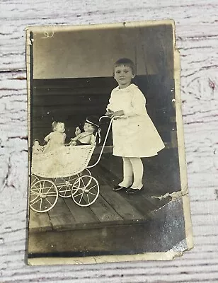 VTG Photo Short Haired Little Girl W/ Dolls In  Stroller Postcard CDV 4.9” X 3” • $14.99