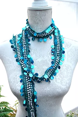 Blue And Pearl Beading Very Long 75  Necklace Scarf Wrap Sequins Mermaid Fairy • £4.99