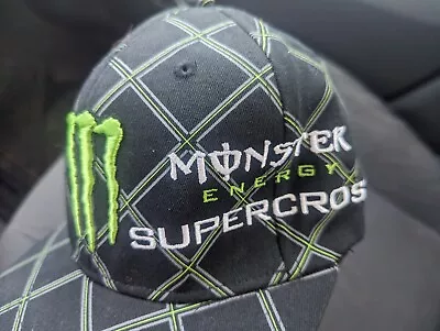 Monster Energy Supercross Racing Black Plaid Fitted Cap Hat Size S/M • $14