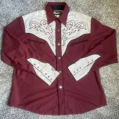 Wrangler Vintage Pearl Snap Men’s Large Western Shirt Embroidered Maroon White • $37.99