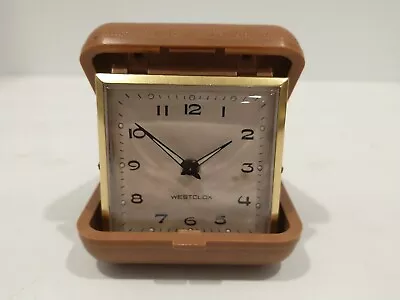 Vintage Westclox Travel Alarm Clock Wind Up Tan Folding Case Works  S5 • $12.99