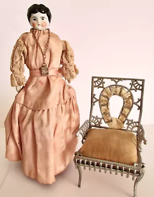 Little Antique Victorian Dressed CHINA HEAD 6  DOLLHOUSE DOLL & Chair GERMANY • $13.50