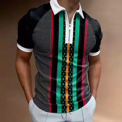 Men's POLO Lapel Striped Plaid Short Sleeve T-Shirt • $28.30