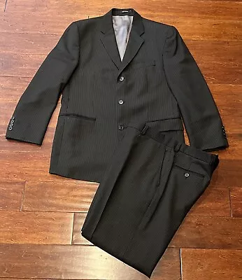 Calvin Klein Black Gray Striped 2 Piece Mens 39 R Wool Pants Suit Jacket Blazer • $41.24