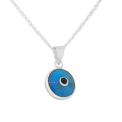 925 Sterling Silver Blue Glass Evil Eye Pendant Necklace With Chain • $14.99