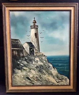 R.Kay  - Lighthouse Cliffs Seagulls - Original Vtg. Oil Wood Frame -Maine Estate • $59