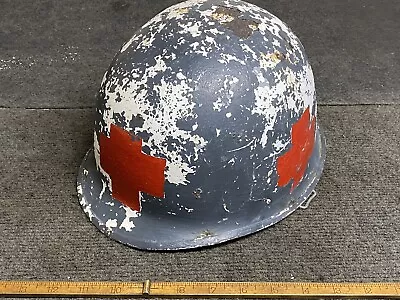 USN WW2 M1 Helmet Steel Pot Front Seam W Liner Blue Finish US Navy Medic • $71