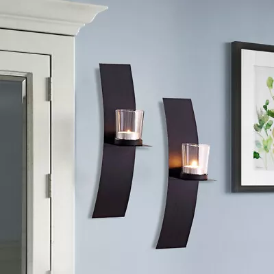 2x Metal Black Wall Candle Tea Light Holder Glass Cup Holders Sconce Stand Decor • £9.95