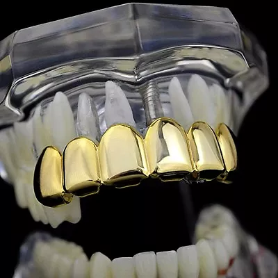 14k Gold Plated Grillz Top Six Teeth Grill Plain No Stones Pre-made Mouth Grills • $14.95