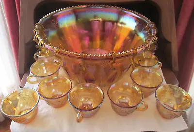 Vintage Carnival/Indiana Glass Iridescent Gold Punch Bowl/12 Cups/12 Hangers Set • $42