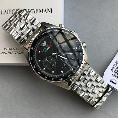 New Genuine Emporio Armani Ar5983 Tazio Silver & Black Dial Steel Mens Watch Uk • £88.22