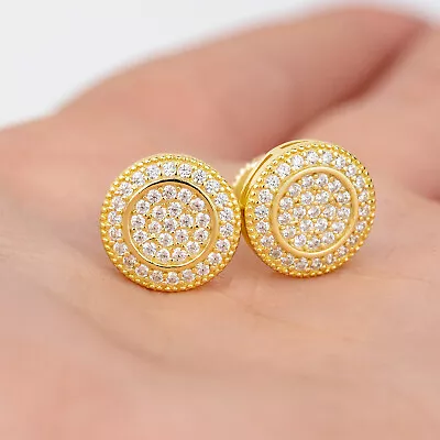 Real Solid 925 Silver Iced CZ Hip Hop Men's Earrings Big Studs 14k Gold Plated • $19.46