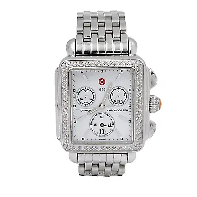 Ladies Michele Deco 33mm Steel Watch With MOP Chronograph Dial & Diamond Bezel. • $995