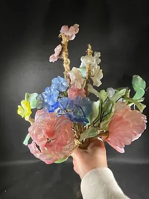 Vintage Jade Stone Glass Floral 12  Tall - Bouquet - 4445 • $124