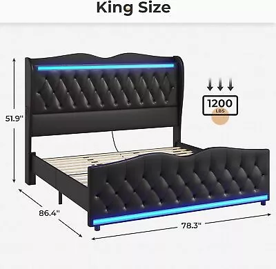 Full/Queen/King LED Bed Frame Upholstered Platform Bed With Wingback Headboard • $359.89