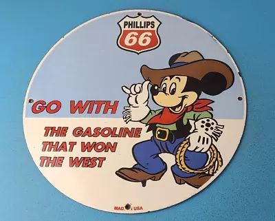 Vintage Phillips 66 Sign - Porcelain Mickey Mouse Cowboy Gas Oil Pump Plate Sign • $154.57