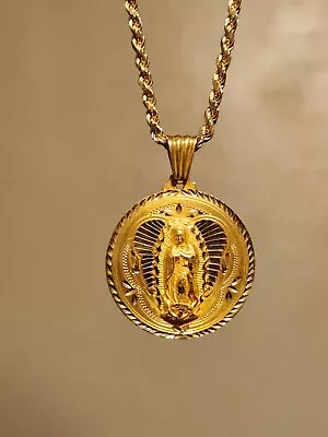 14K Solid Gold Virgen De Guadalupe Pendant Charm With 14K Solid Gold Chain • $980.99