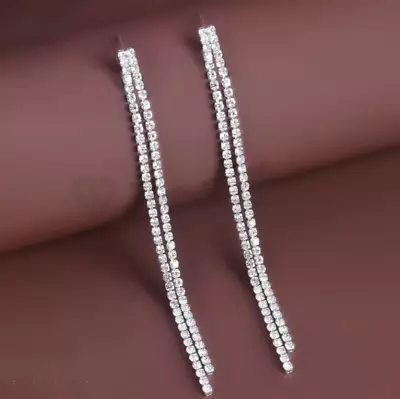 Silver Rhinestone Crystal Bridal Chandelier Long Tassel Dangle Wedding Earrings • £4.99