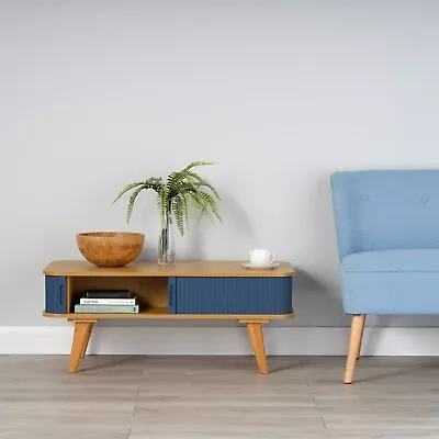Bamboo Coffee Table With Dark Blue Sliding Doors 400mm H X 1000mm W X 500mm D • £109.99