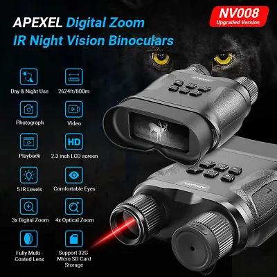 APEXEL  Low Night Vision Binoculars 800m 12x Zoom Telescope Infrared Digital IR • £128.99