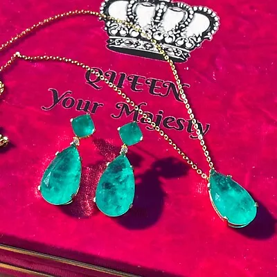 Glowing Natural Neon Colombian Emerald Dangle Drop Earrings Necklace Jewel Set • $60
