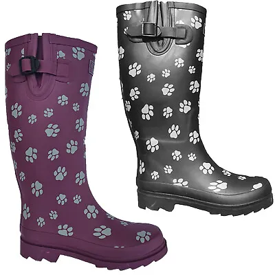 Womens Wellingtons Dog Walking Paw Print Adjustable Buckle Rain Rubber Wellies • £22.99