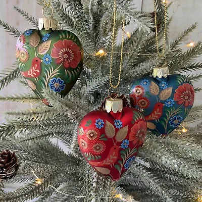 £19.99 • Buy 3 X Folk Art Glass Heart Hanging Christmas Tree Decorations Gisela Graham 2023