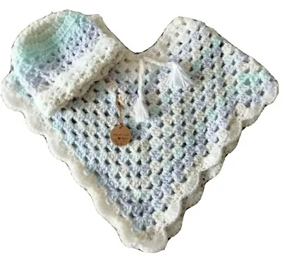 New Handmade Crochet Baby Poncho Pastel  Rainbow+White Age 2 To 5 Mths+Hat L@@K! • £13.50