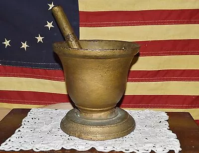 Antique 1800's Forged Iron Rx Apothecary Mortar & Pestle Old Gold Paint 10lbs • $99.95