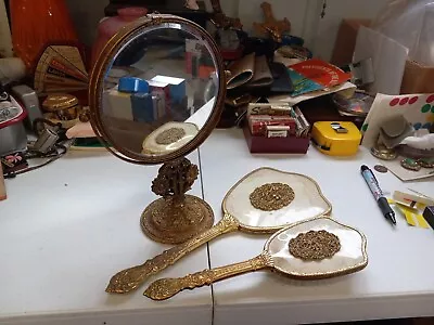 Vintage 3 Piece Matson Gold Standing Vanity Mirror Hand Mirror Brush Sunflowers • $100
