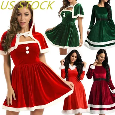 Womens Christmas Velvet Dress With Cape Festival Celebration Costume Santa Claus • $25.16