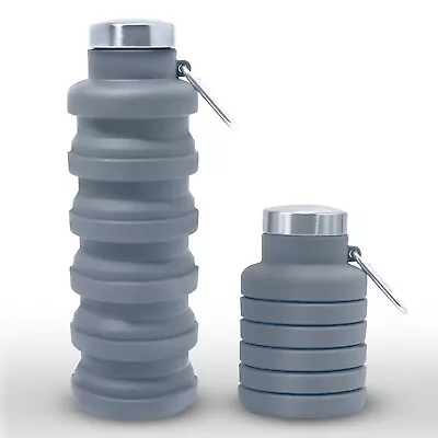 Foldable Water Bottle 500ml Collapsible Silicone Drink Outdoor Grey • £4.99