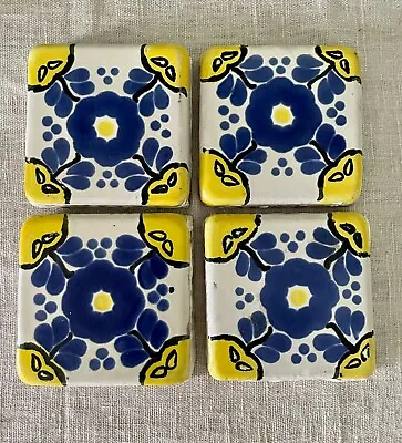 LOT Of 4 - Vintage 4 1/2  Mexican Hand-painted Floral Glaze Terracotta Tiles • $29.99